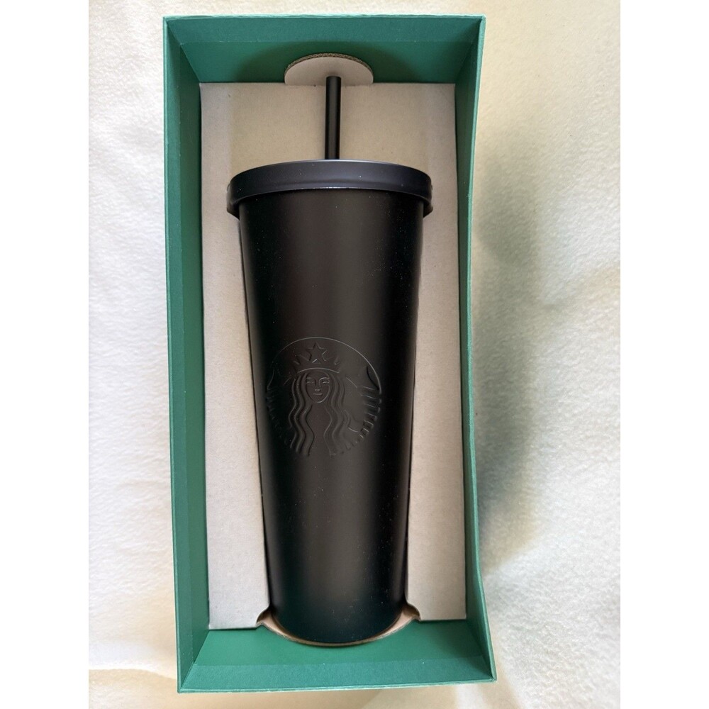 Starbucks Matte Black 24oz Cold Tumbler Stainless Steel Siren Logo Straw 2016